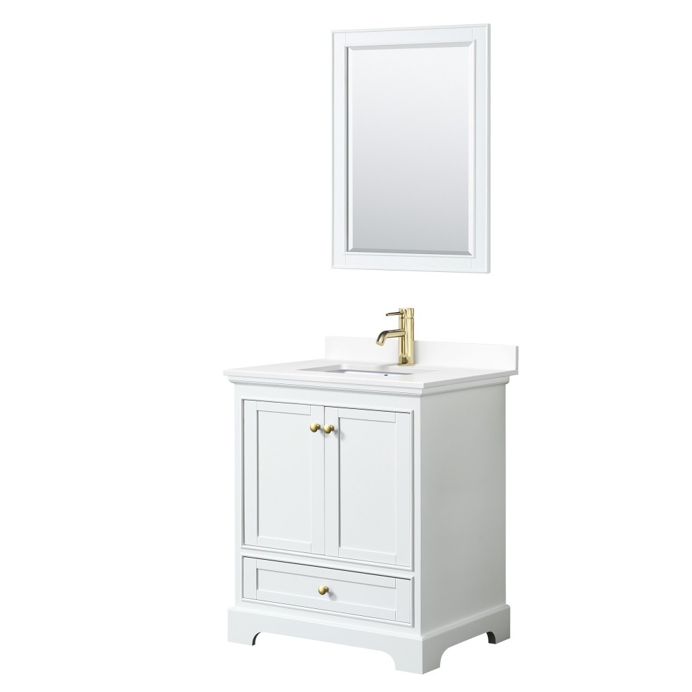 30 Inch Single Bathroom Vanity in White, White Cultured Marble Countertop, Sink, Gold Trim, 24 Inch Mirror