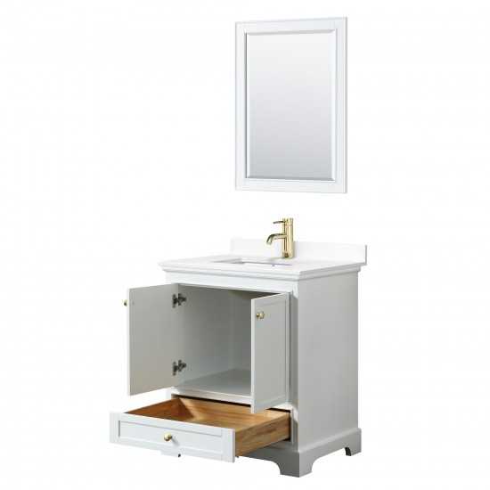 30 Inch Single Bathroom Vanity in White, White Cultured Marble Countertop, Sink, Gold Trim, 24 Inch Mirror