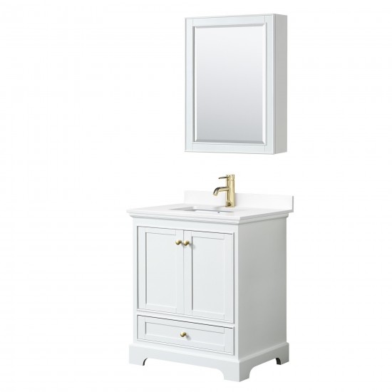 30 Inch Single Bathroom Vanity in White, White Cultured Marble Countertop, Sink, Gold Trim, Medicine Cabinet