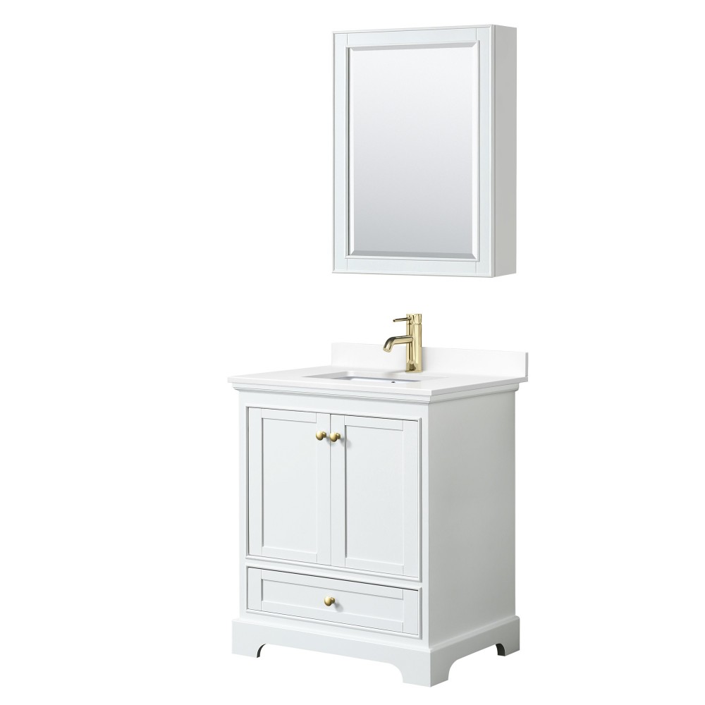 30 Inch Single Bathroom Vanity in White, White Cultured Marble Countertop, Sink, Gold Trim, Medicine Cabinet