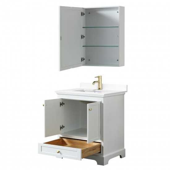 30 Inch Single Bathroom Vanity in White, White Cultured Marble Countertop, Sink, Gold Trim, Medicine Cabinet