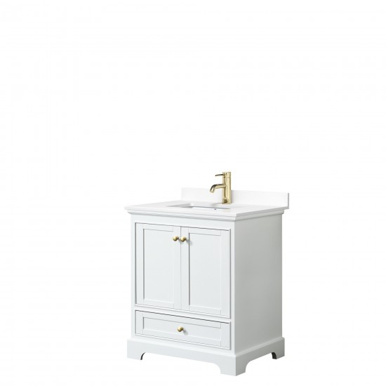 30 Inch Single Bathroom Vanity in White, White Cultured Marble Countertop, Sink, Gold Trim, No Mirror