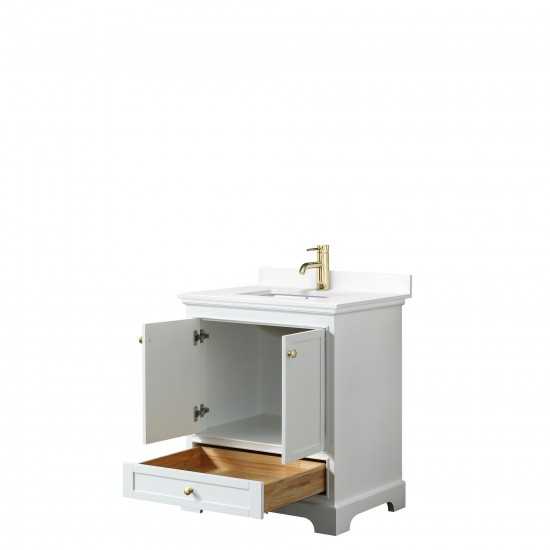 30 Inch Single Bathroom Vanity in White, White Cultured Marble Countertop, Sink, Gold Trim, No Mirror