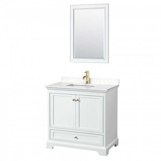 36 Inch Single Bathroom Vanity in White, Carrara Cultured Marble Countertop, Sink, Gold Trim, 24 Inch Mirror