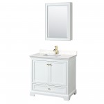 36 Inch Single Bathroom Vanity in White, Carrara Cultured Marble Countertop, Sink, Gold Trim, Medicine Cabinet