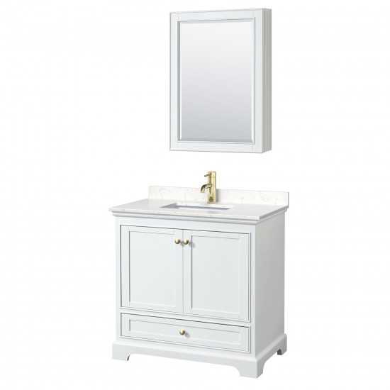 36 Inch Single Bathroom Vanity in White, Carrara Cultured Marble Countertop, Sink, Gold Trim, Medicine Cabinet