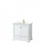 36 Inch Single Bathroom Vanity in White, Carrara Cultured Marble Countertop, Sink, Gold Trim, No Mirror