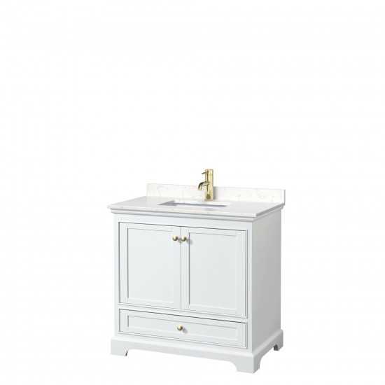 36 Inch Single Bathroom Vanity in White, Carrara Cultured Marble Countertop, Sink, Gold Trim, No Mirror