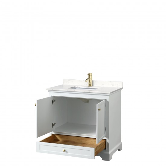 36 Inch Single Bathroom Vanity in White, Carrara Cultured Marble Countertop, Sink, Gold Trim, No Mirror