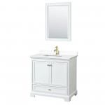 36 Inch Single Bathroom Vanity in White, White Cultured Marble Countertop, Sink, Gold Trim, 24 Inch Mirror