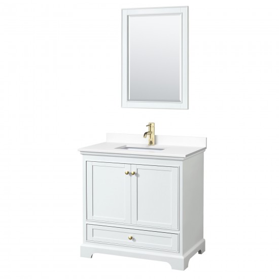 36 Inch Single Bathroom Vanity in White, White Cultured Marble Countertop, Sink, Gold Trim, 24 Inch Mirror