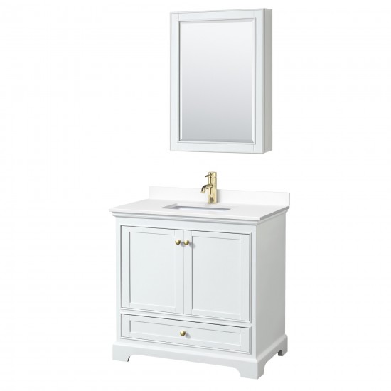 36 Inch Single Bathroom Vanity in White, White Cultured Marble Countertop, Sink, Gold Trim, Medicine Cabinet