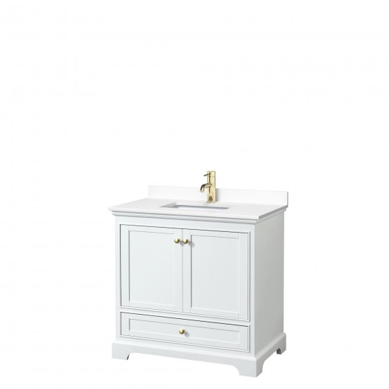 36 Inch Single Bathroom Vanity in White, White Cultured Marble Countertop, Sink, Gold Trim, No Mirror