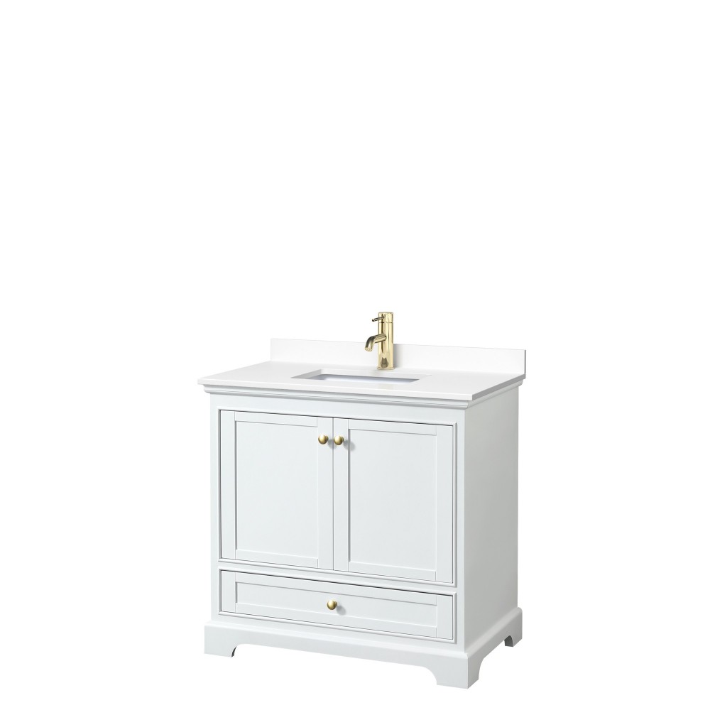 36 Inch Single Bathroom Vanity in White, White Cultured Marble Countertop, Sink, Gold Trim, No Mirror