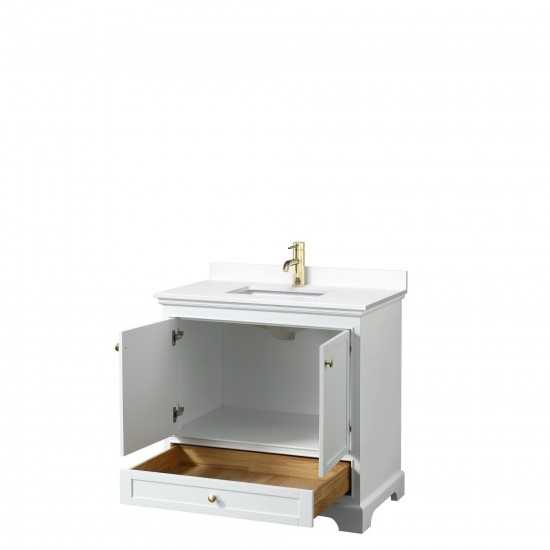 36 Inch Single Bathroom Vanity in White, White Cultured Marble Countertop, Sink, Gold Trim, No Mirror