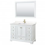 48 Inch Single Bathroom Vanity in White, Carrara Cultured Marble Countertop, Sink, Gold Trim, 46 Inch Mirror