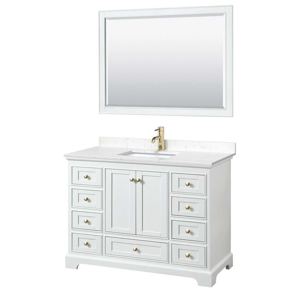 48 Inch Single Bathroom Vanity in White, Carrara Cultured Marble Countertop, Sink, Gold Trim, 46 Inch Mirror