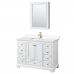 48 Inch Single Bathroom Vanity in White, Carrara Cultured Marble Countertop, Sink, Gold Trim, Medicine Cabinet