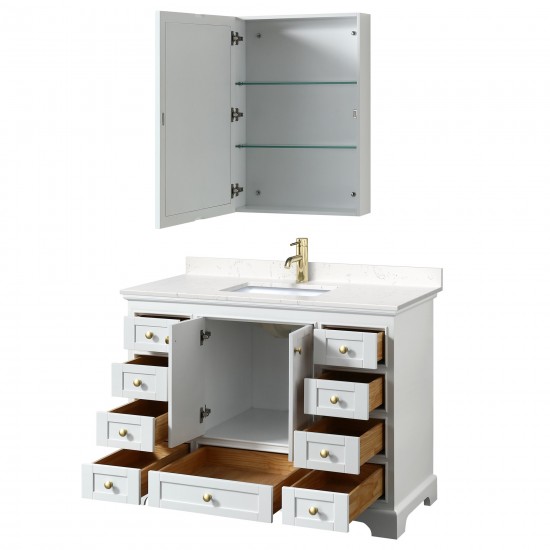 48 Inch Single Bathroom Vanity in White, Carrara Cultured Marble Countertop, Sink, Gold Trim, Medicine Cabinet