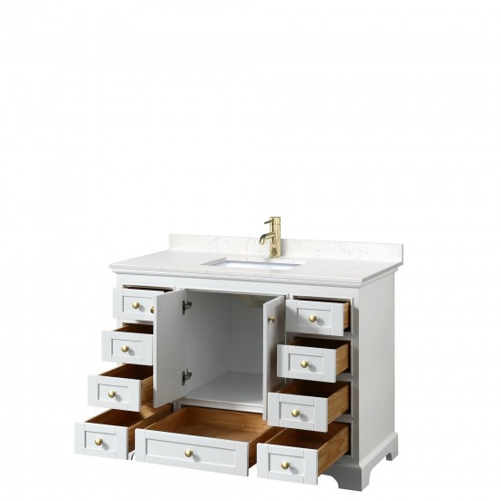 48 Inch Single Bathroom Vanity in White, Carrara Cultured Marble Countertop, Sink, Gold Trim, No Mirror