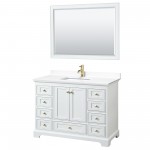 48 Inch Single Bathroom Vanity in White, White Cultured Marble Countertop, Sink, Gold Trim, 46 Inch Mirror