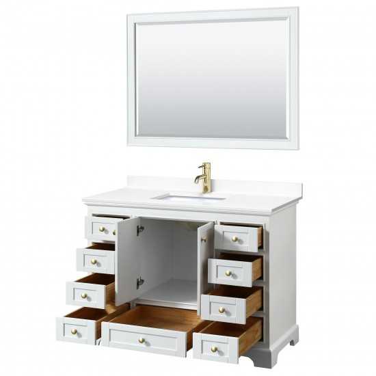 48 Inch Single Bathroom Vanity in White, White Cultured Marble Countertop, Sink, Gold Trim, 46 Inch Mirror