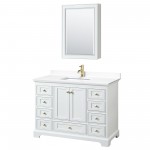 48 Inch Single Bathroom Vanity in White, White Cultured Marble Countertop, Sink, Gold Trim, Medicine Cabinet