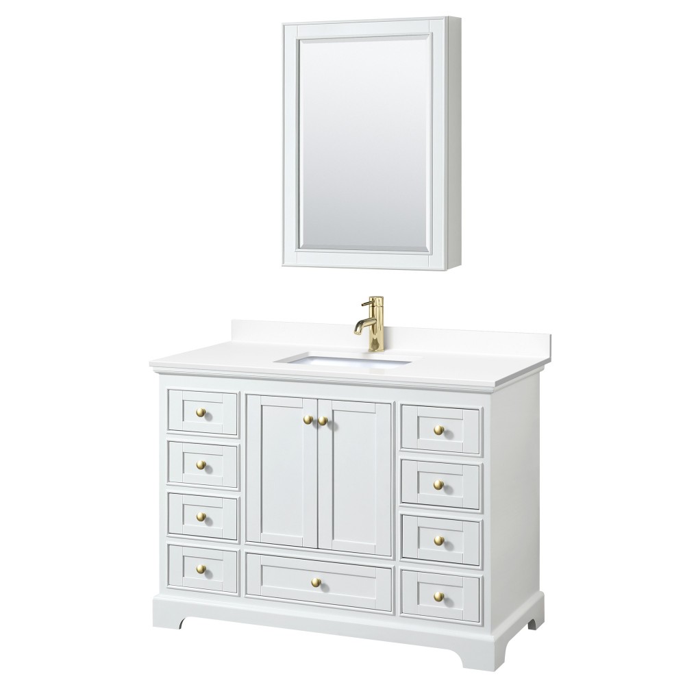 48 Inch Single Bathroom Vanity in White, White Cultured Marble Countertop, Sink, Gold Trim, Medicine Cabinet