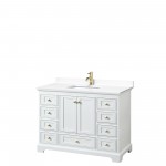 48 Inch Single Bathroom Vanity in White, White Cultured Marble Countertop, Sink, Gold Trim, No Mirror