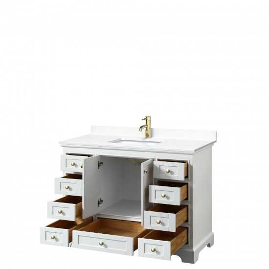 48 Inch Single Bathroom Vanity in White, White Cultured Marble Countertop, Sink, Gold Trim, No Mirror