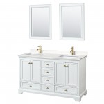 60 Inch Double Bathroom Vanity in White, Carrara Cultured Marble Countertop, Sinks, Gold Trim, 24 Inch Mirrors