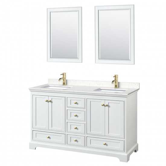 60 Inch Double Bathroom Vanity in White, Carrara Cultured Marble Countertop, Sinks, Gold Trim, 24 Inch Mirrors