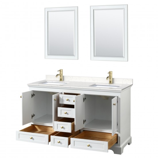 60 Inch Double Bathroom Vanity in White, Carrara Cultured Marble Countertop, Sinks, Gold Trim, 24 Inch Mirrors