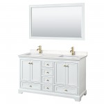 60 Inch Double Bathroom Vanity in White, Carrara Cultured Marble Countertop, Sinks, Gold Trim, 58 Inch Mirror