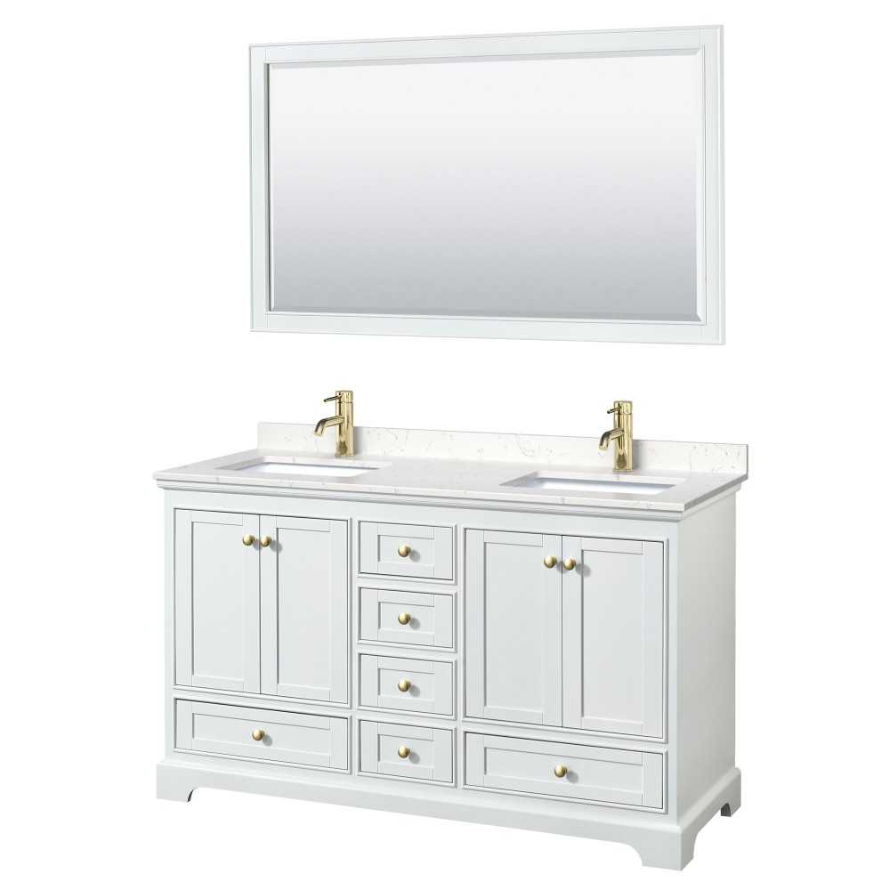 60 Inch Double Bathroom Vanity in White, Carrara Cultured Marble Countertop, Sinks, Gold Trim, 58 Inch Mirror