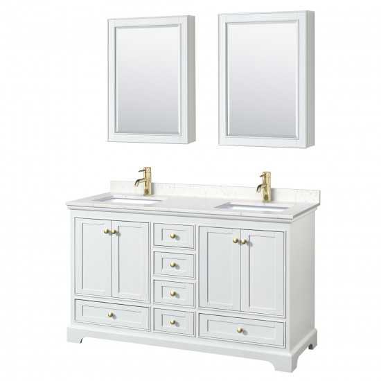 60 Inch Double Bathroom Vanity in White, Carrara Cultured Marble Countertop, Sinks, Gold Trim, Medicine Cabinets