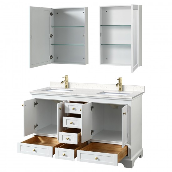 60 Inch Double Bathroom Vanity in White, Carrara Cultured Marble Countertop, Sinks, Gold Trim, Medicine Cabinets