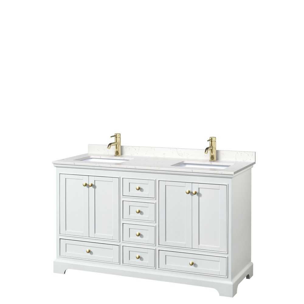 60 Inch Double Bathroom Vanity in White, Carrara Cultured Marble Countertop, Sinks, Gold Trim, No Mirrors