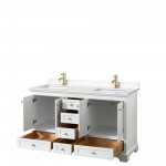 60 Inch Double Bathroom Vanity in White, Carrara Cultured Marble Countertop, Sinks, Gold Trim, No Mirrors