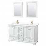 60 Inch Double Bathroom Vanity in White, White Cultured Marble Countertop, Sinks, Gold Trim, 24 Inch Mirrors