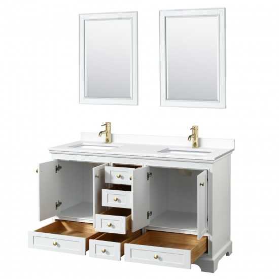 60 Inch Double Bathroom Vanity in White, White Cultured Marble Countertop, Sinks, Gold Trim, 24 Inch Mirrors