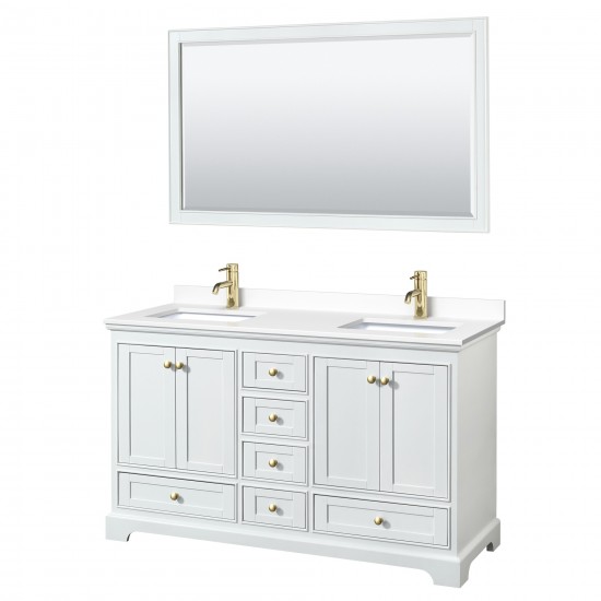 60 Inch Double Bathroom Vanity in White, White Cultured Marble Countertop, Sinks, Gold Trim, 58 Inch Mirror