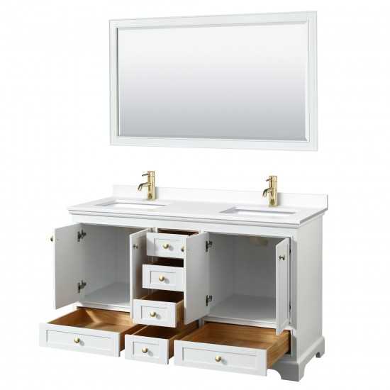 60 Inch Double Bathroom Vanity in White, White Cultured Marble Countertop, Sinks, Gold Trim, 58 Inch Mirror