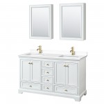 60 Inch Double Bathroom Vanity in White, White Cultured Marble Countertop, Sinks, Gold Trim, Medicine Cabinets