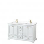 60 Inch Double Bathroom Vanity in White, White Cultured Marble Countertop, Sinks, Gold Trim, No Mirrors