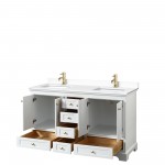 60 Inch Double Bathroom Vanity in White, White Cultured Marble Countertop, Sinks, Gold Trim, No Mirrors