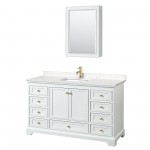 60 Inch Single Bathroom Vanity in White, Carrara Cultured Marble Countertop, Sink, Gold Trim, Medicine Cabinet