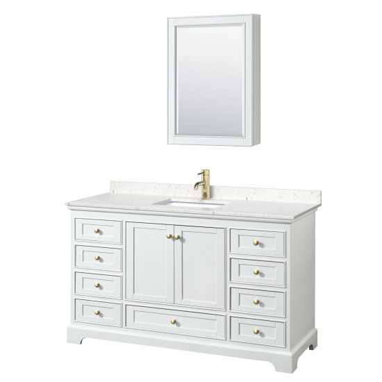 60 Inch Single Bathroom Vanity in White, Carrara Cultured Marble Countertop, Sink, Gold Trim, Medicine Cabinet