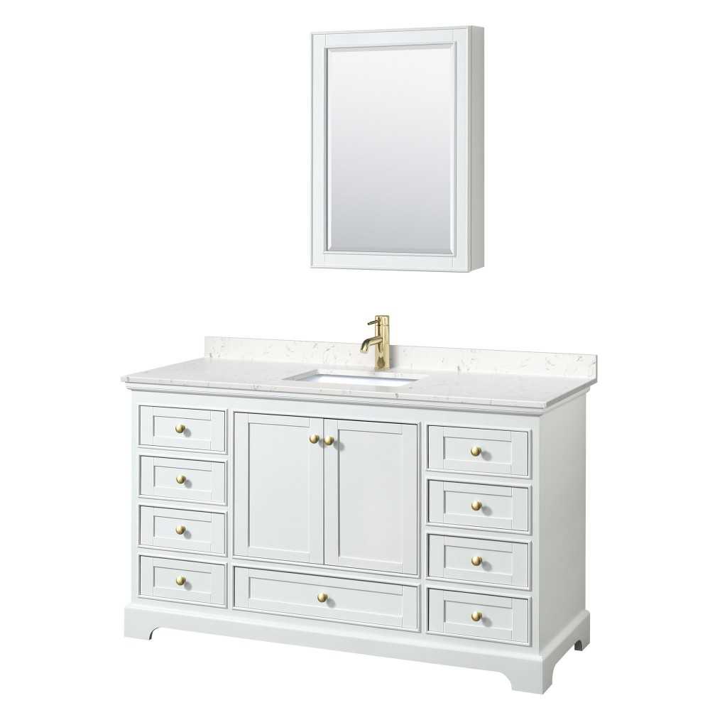 60 Inch Single Bathroom Vanity in White, Carrara Cultured Marble Countertop, Sink, Gold Trim, Medicine Cabinet