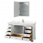 60 Inch Single Bathroom Vanity in White, Carrara Cultured Marble Countertop, Sink, Gold Trim, Medicine Cabinet